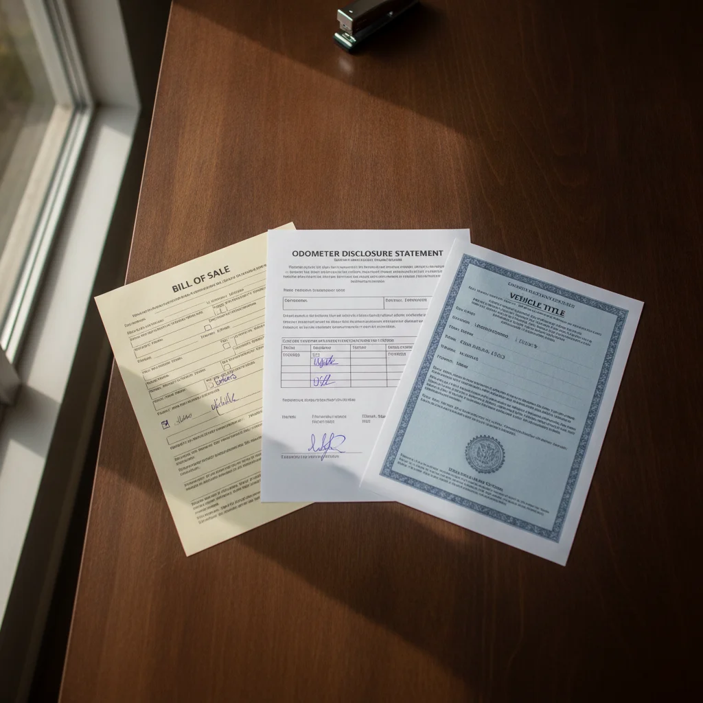 Bill of sale, odometer disclosure form, and vehicle title spread out on a table during a car sale