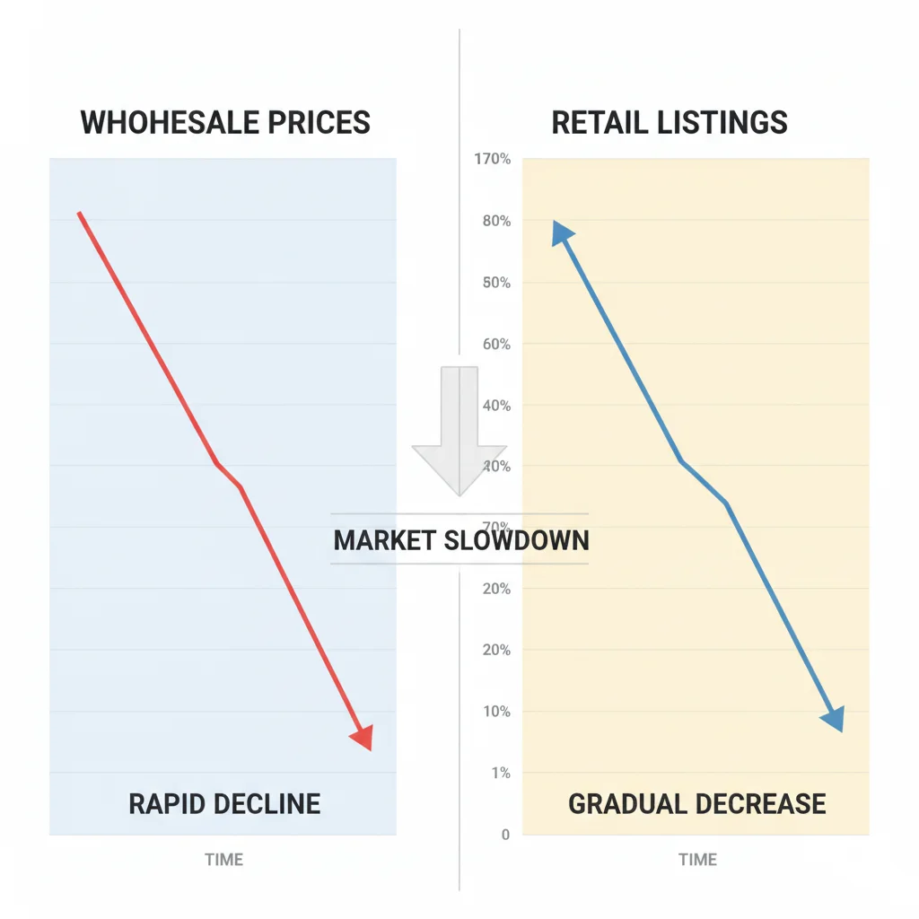 Graph showing wholesale used car prices declining faster than retail listing prices over time