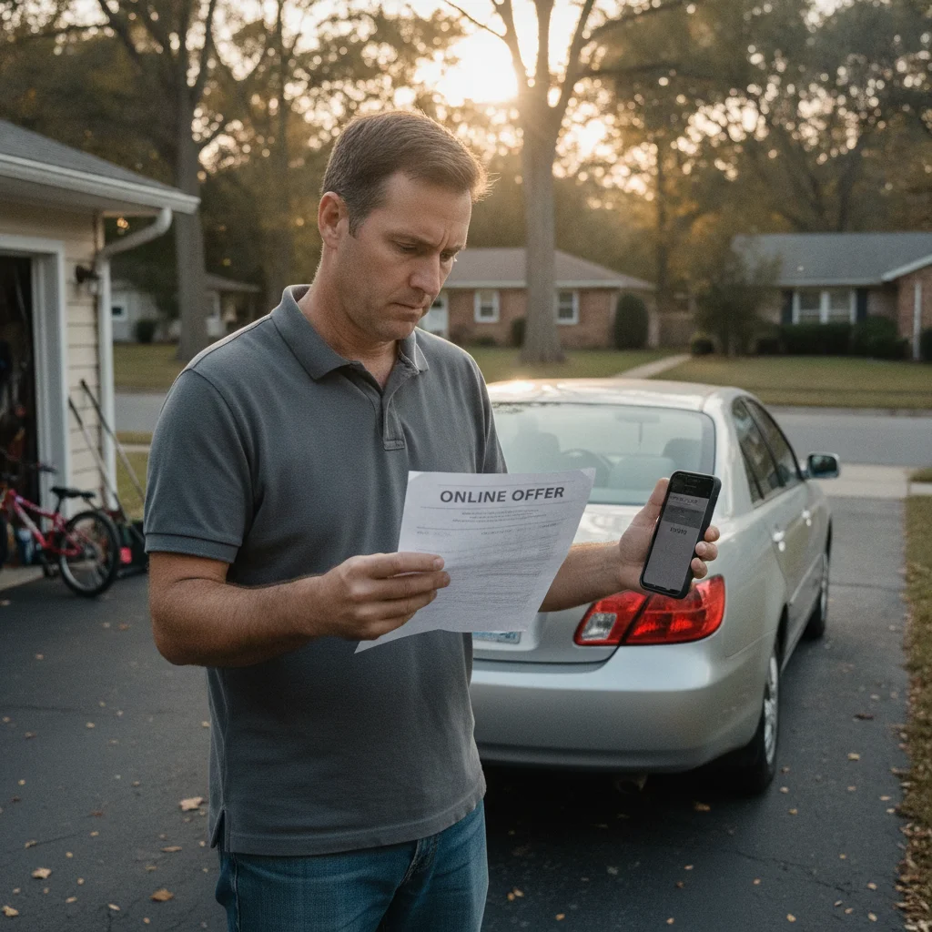 Car owner reviewing an instant offer printout beside their used sedan in a residential driveway