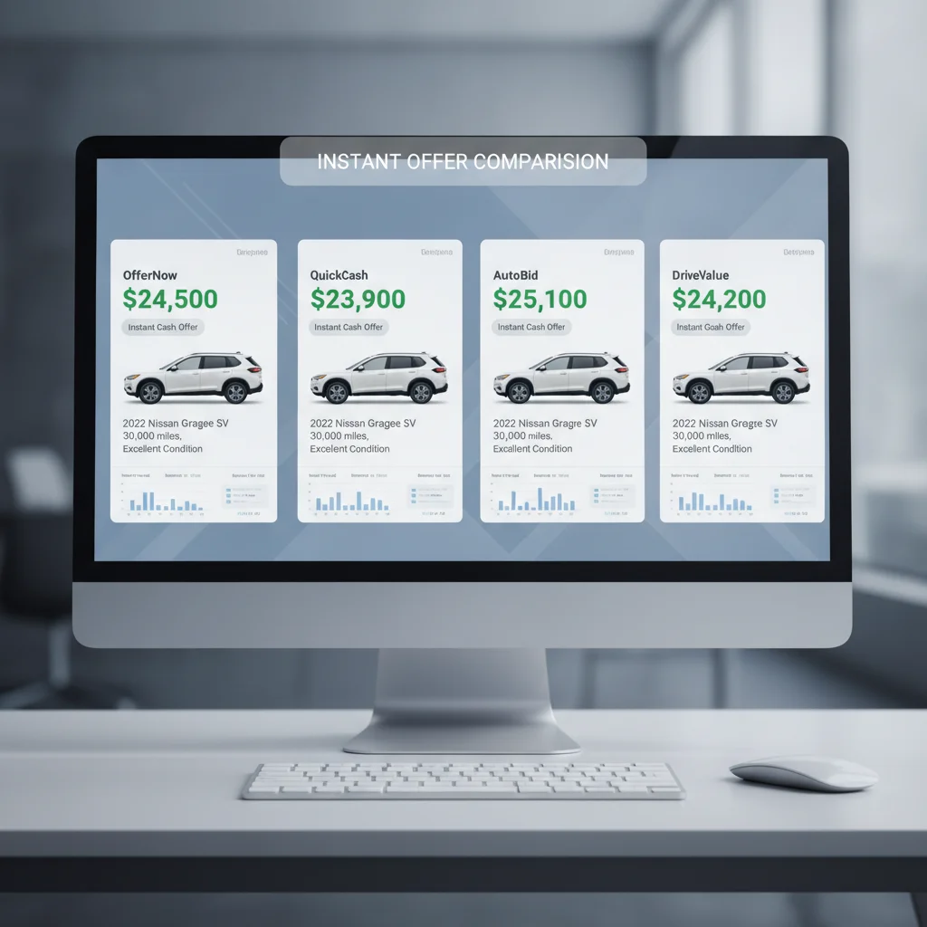 Side-by-side comparison of instant offer quotes from four different platforms showing varying prices for the same vehicle