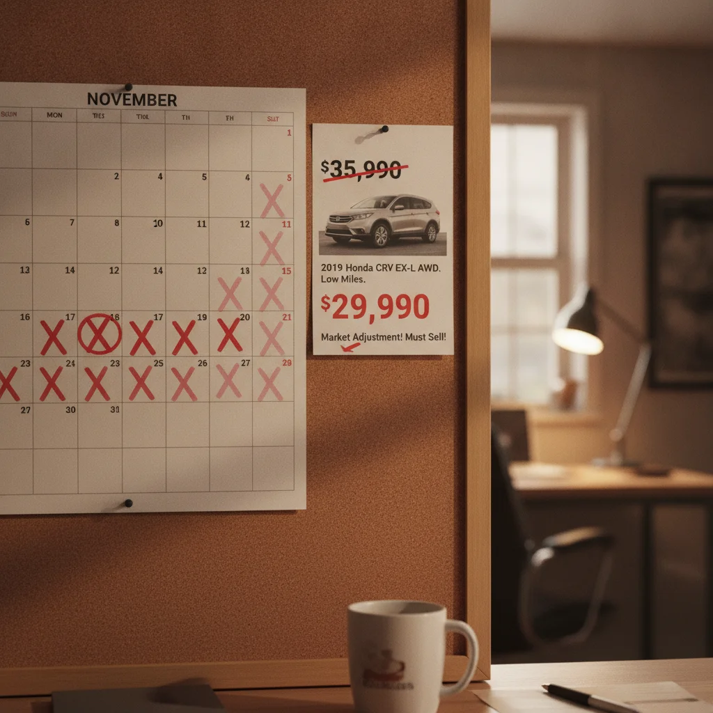 Wall calendar with days crossed off next to a car listing showing two price reductions, illustrating the cost of waiting