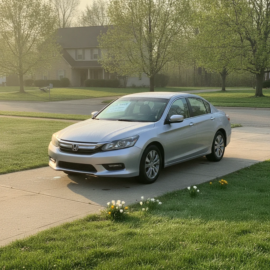 A clean sedan with a for-sale sign on a sunlit suburban driveway in spring