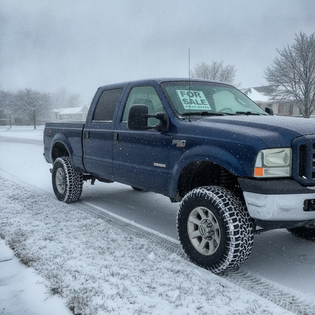 A 4WD pickup truck with a for-sale sign parked on a snowy winter street