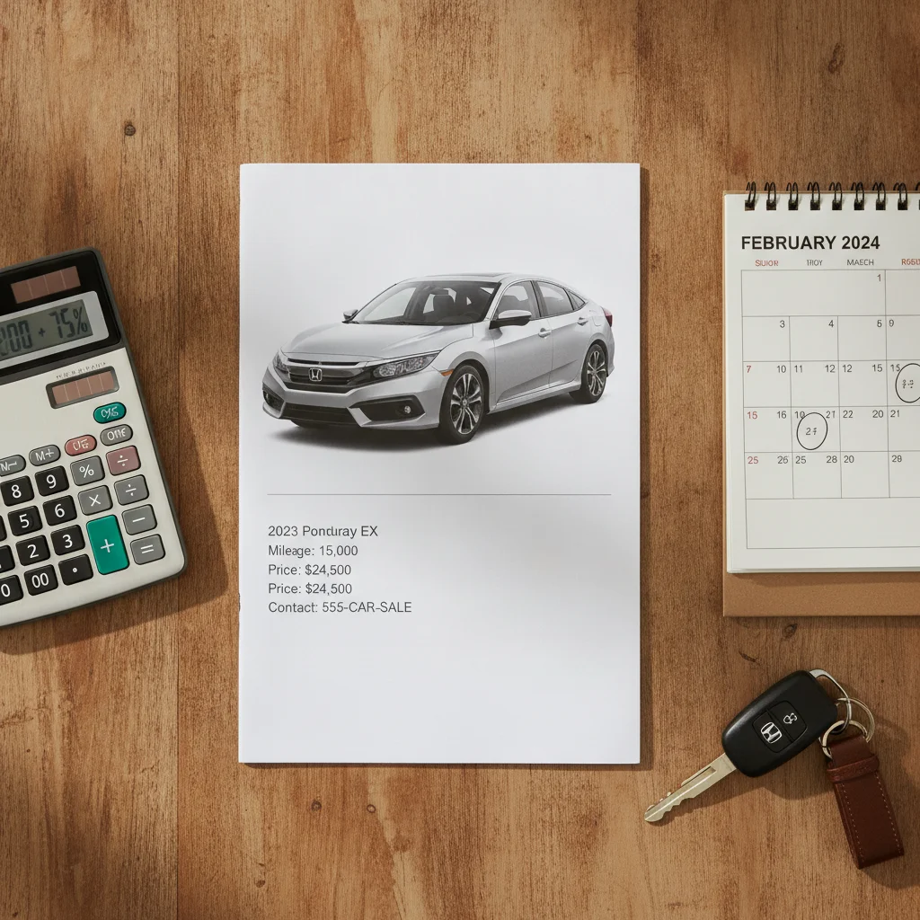 A car listing printout, calculator, calendar, and car keys laid out on a desk for sale planning