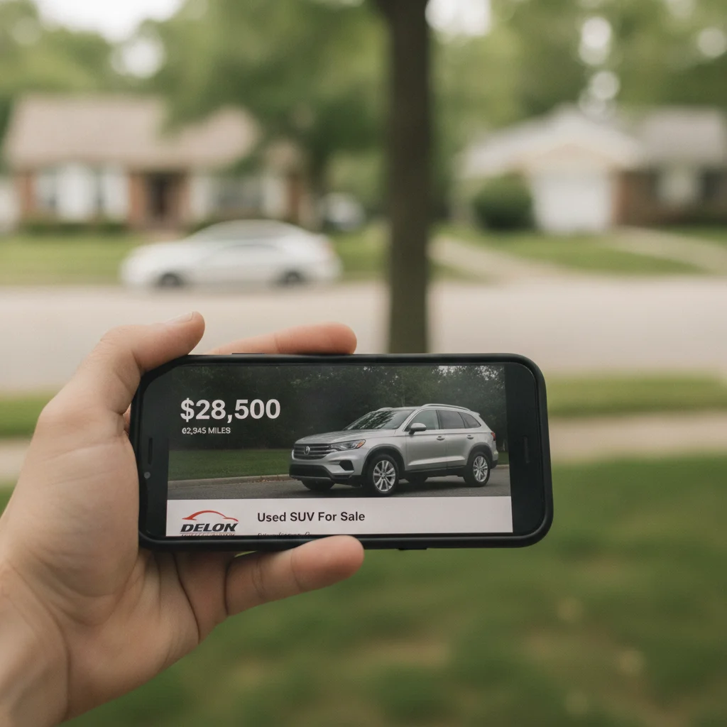 A hand holding a smartphone displaying a used car marketplace listing with price visible