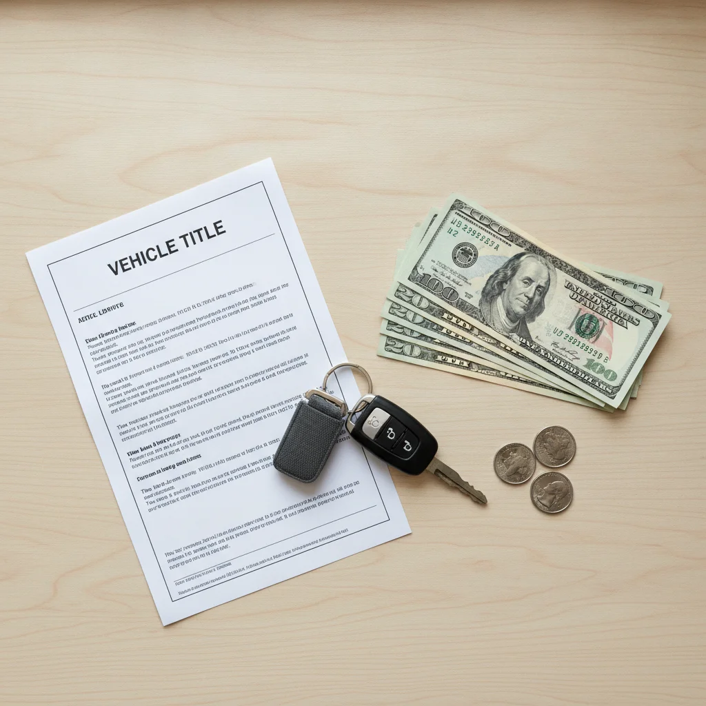 Car title document, keys, and cash arranged on a desk representing a private vehicle sale