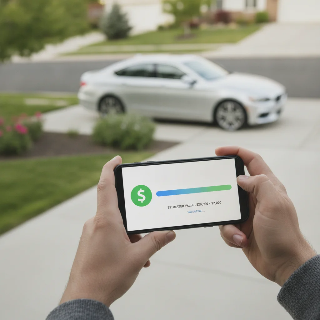Person holding smartphone with a car-buying app showing an instant offer quote in a driveway