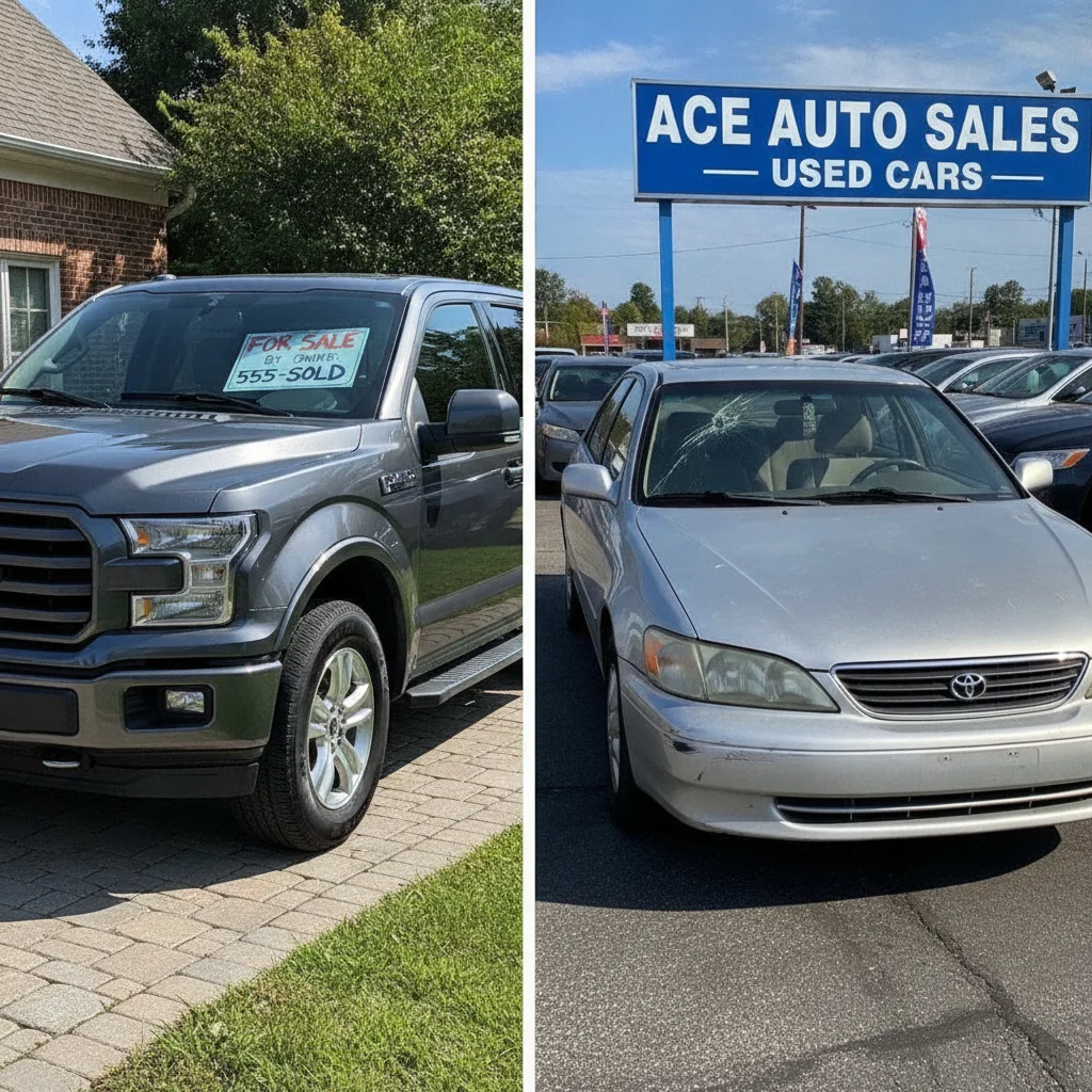 Popular pickup truck with private sale sign next to a high-mileage sedan near a dealership lot