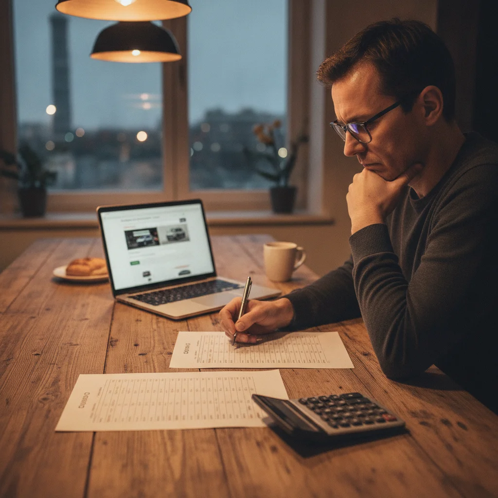 Person comparing two car sale offer printouts with a calculator and laptop on a kitchen table
