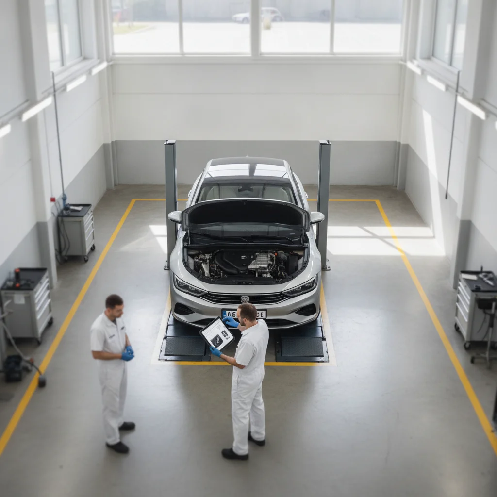 Vehicle inspector with tablet performing a car condition assessment in a bright facility