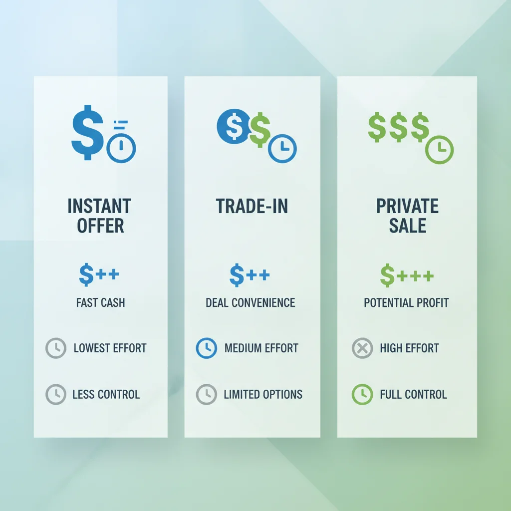 Side-by-side comparison chart of instant offer, trade-in, and private sale channels showing payout and speed differences