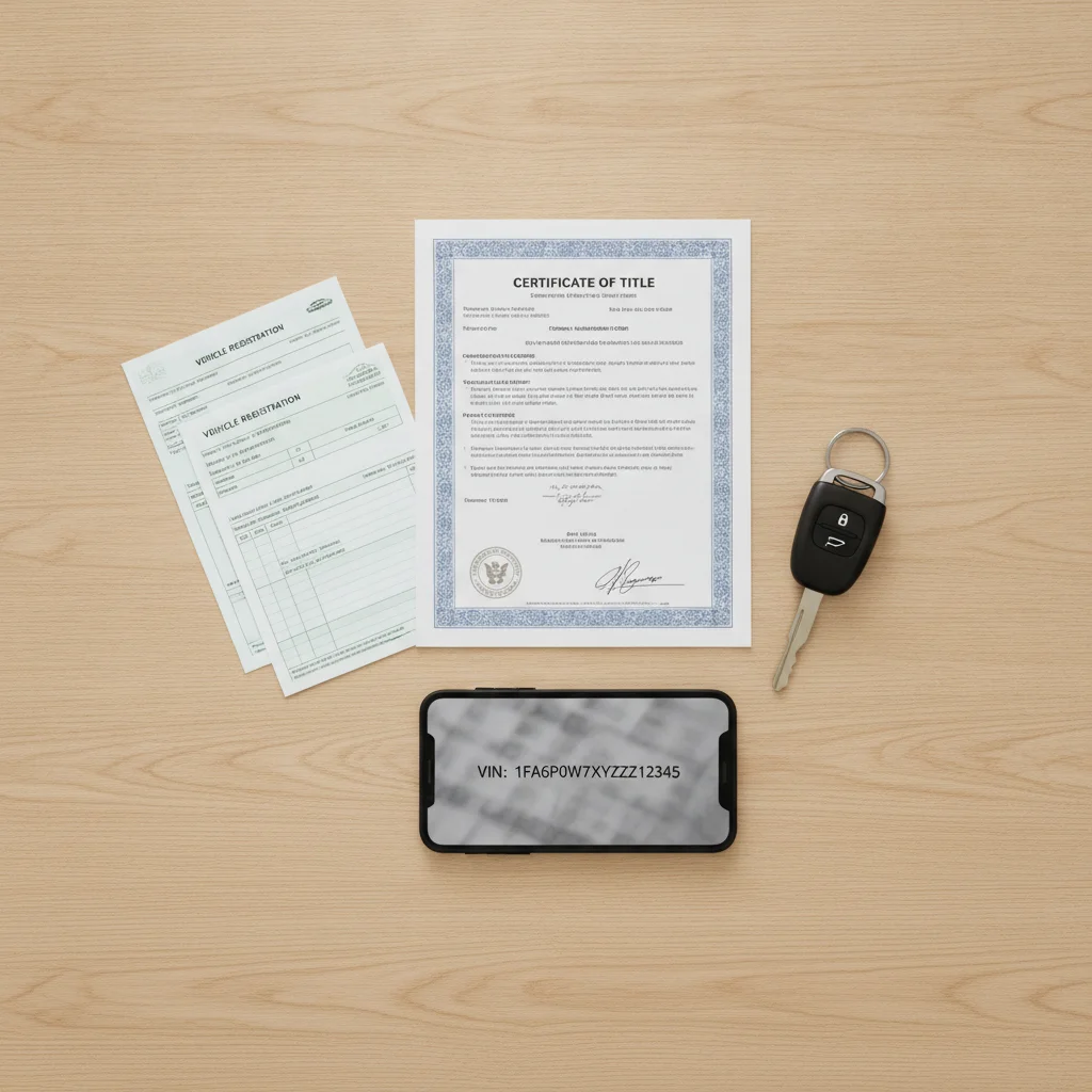 Car title document, registration papers, car keys, and smartphone with VIN displayed on a desk