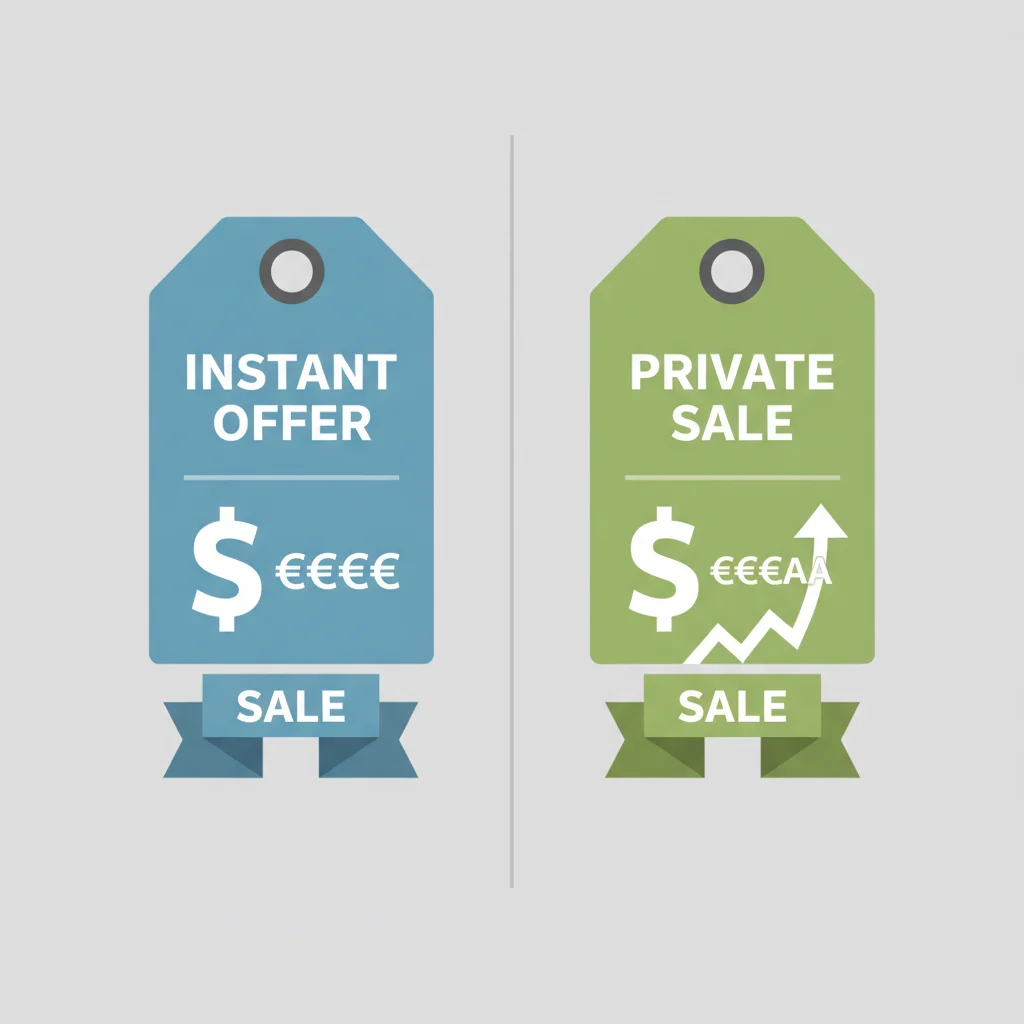 Two price tag comparison showing instant offer value versus higher private sale value side by side
