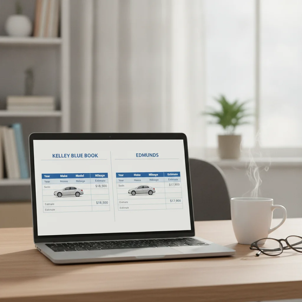 A laptop showing a car valuation comparison between Kelley Blue Book and Edmunds websites