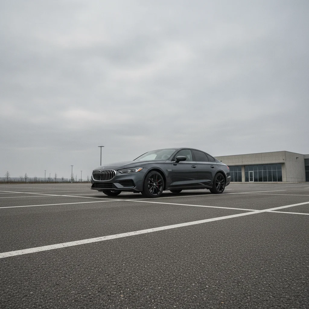 A clean used sedan photographed from a low three-quarter front angle in an empty parking lot