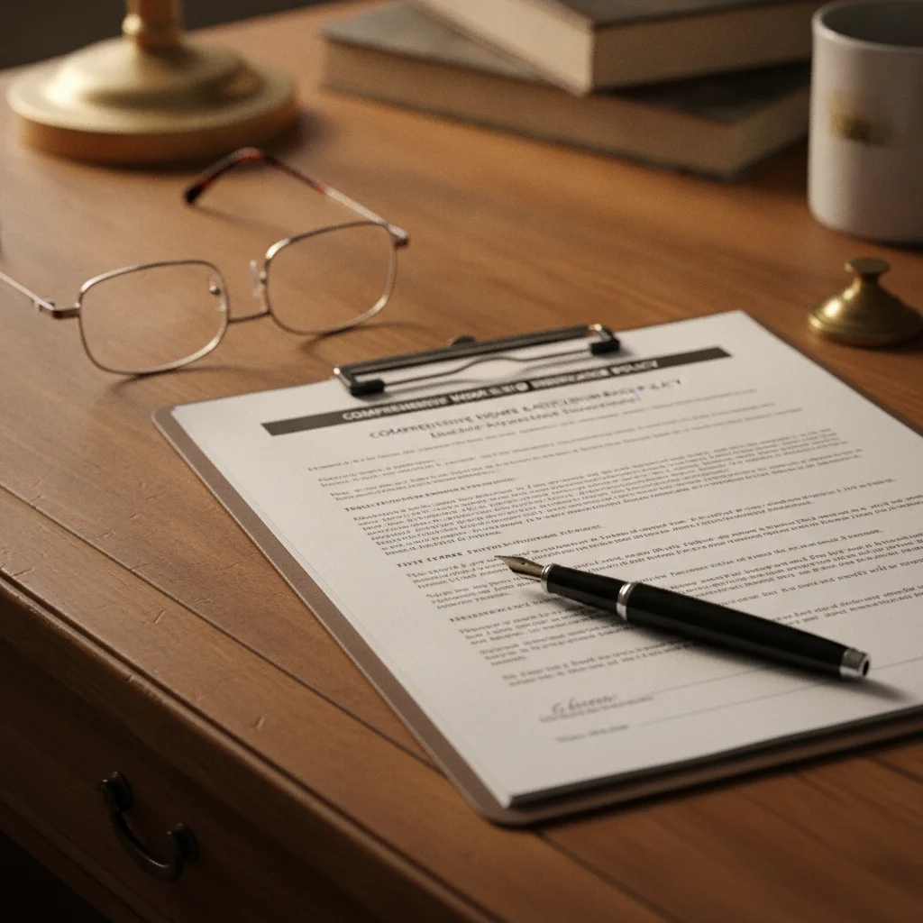 Insurance policy document with pen and reading glasses on a wooden desk in soft lighting