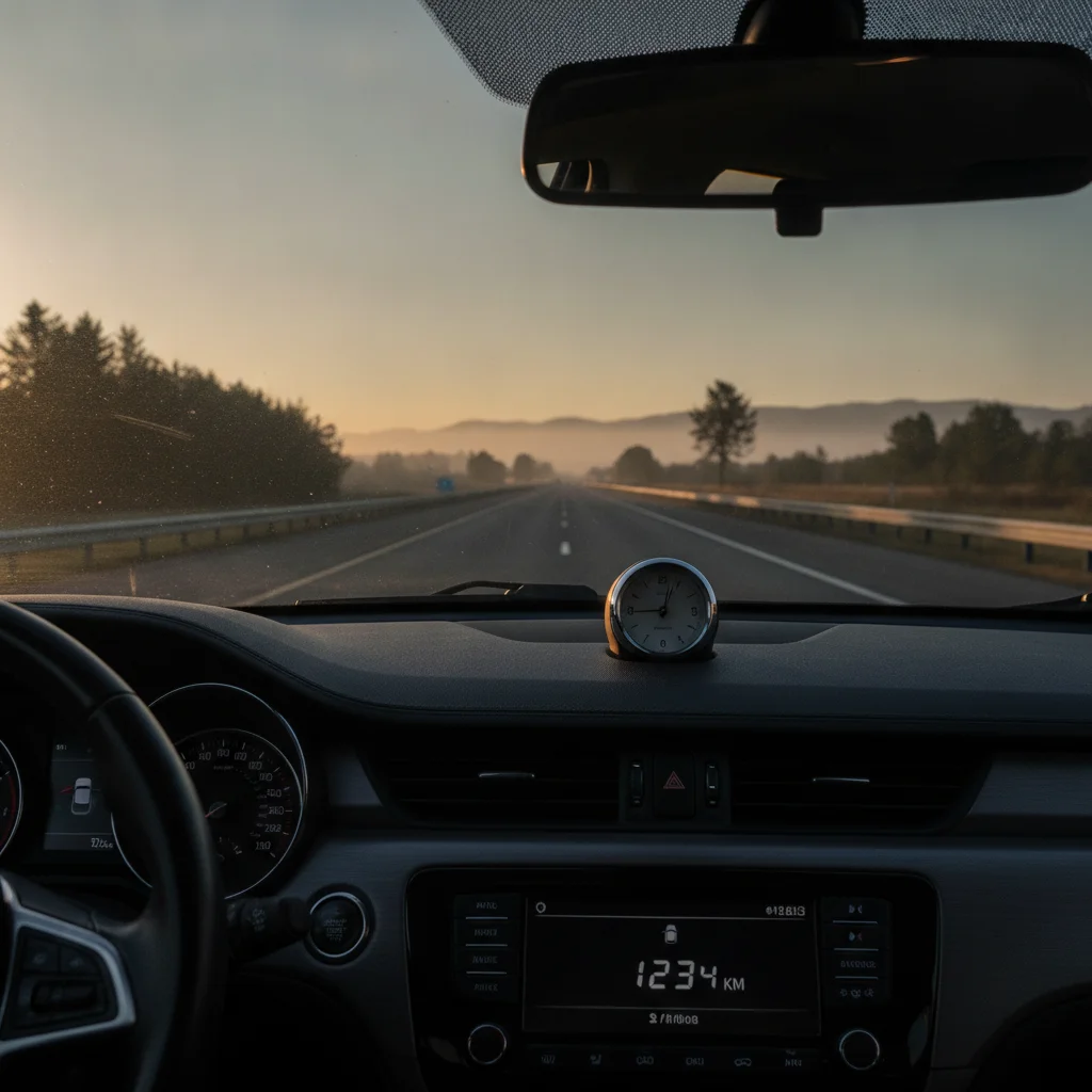 Car dashboard showing a low odometer reading from driver's perspective in morning sunlight