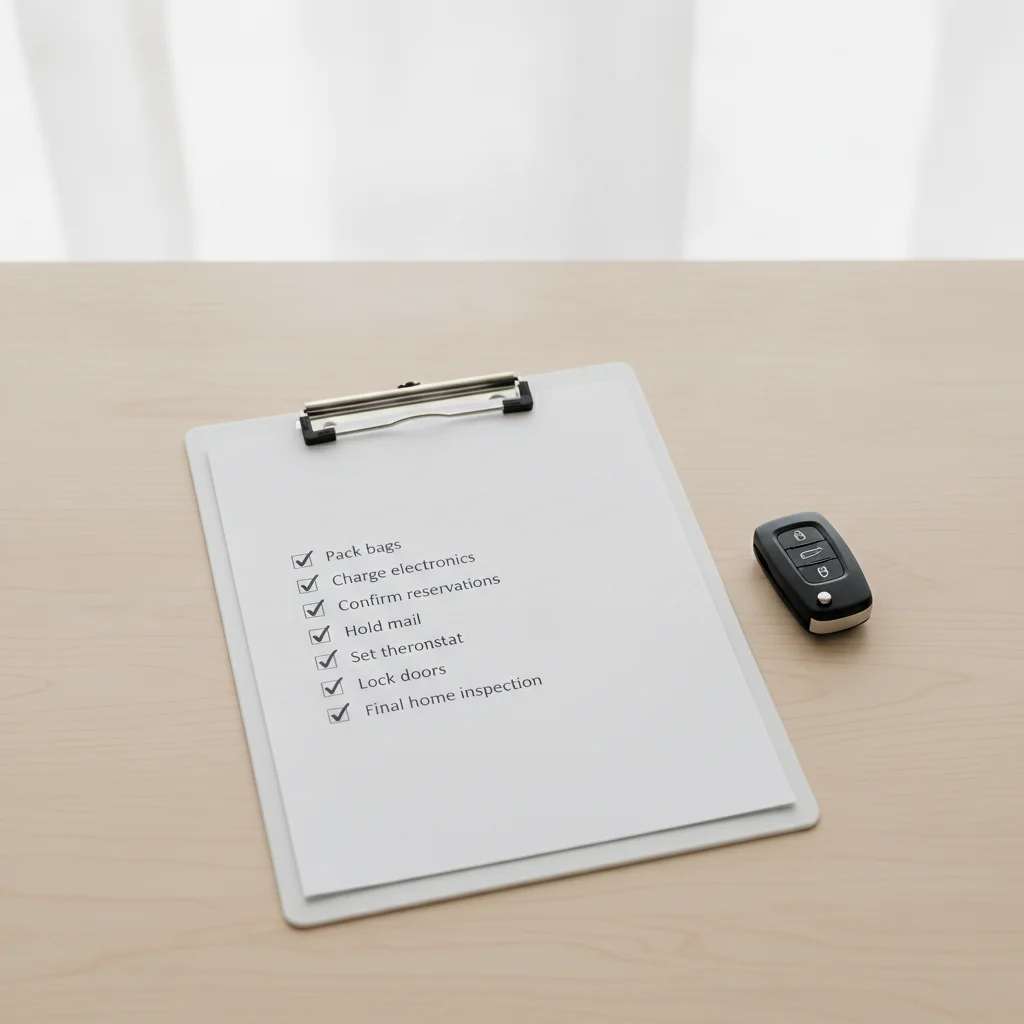 Checklist clipboard with completed checkmarks placed beside a car key fob on a clean table
