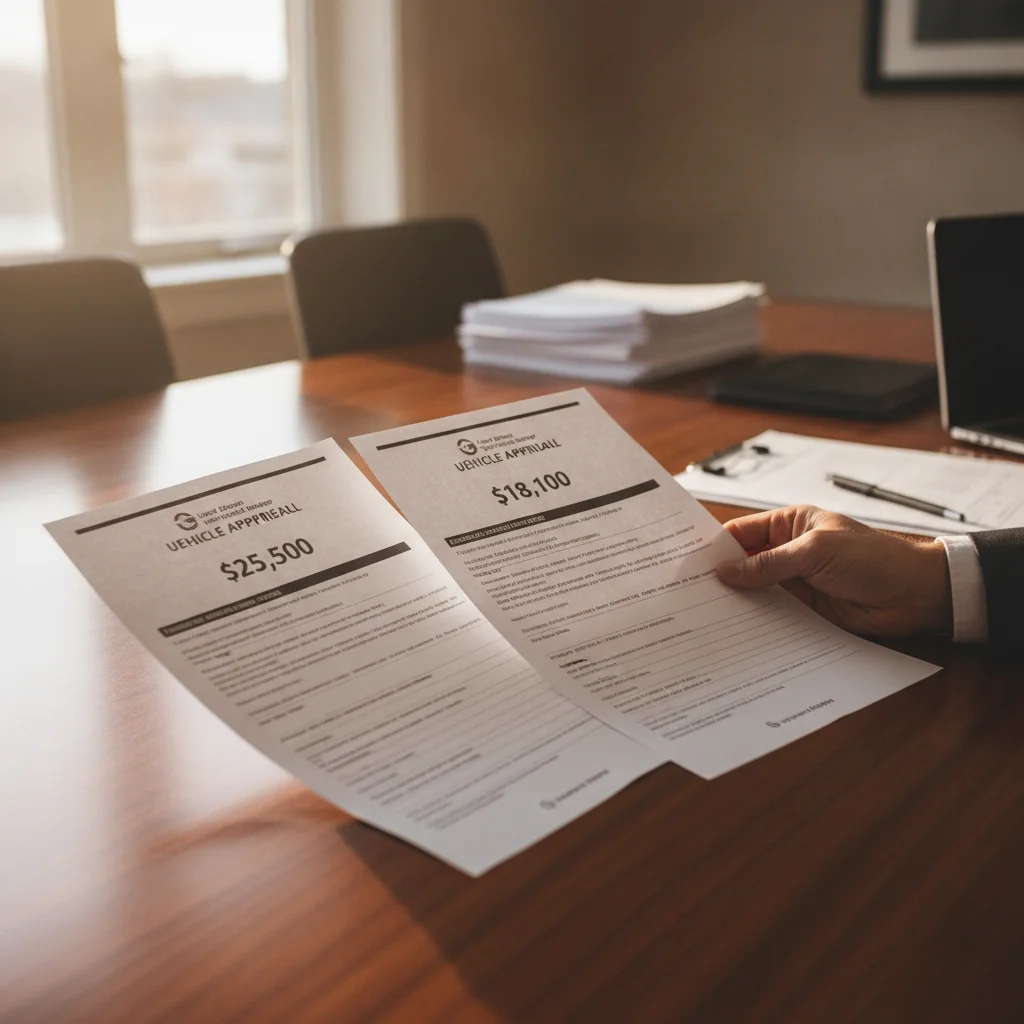 Multiple printed vehicle appraisal offers laid out side by side on a table showing competing values