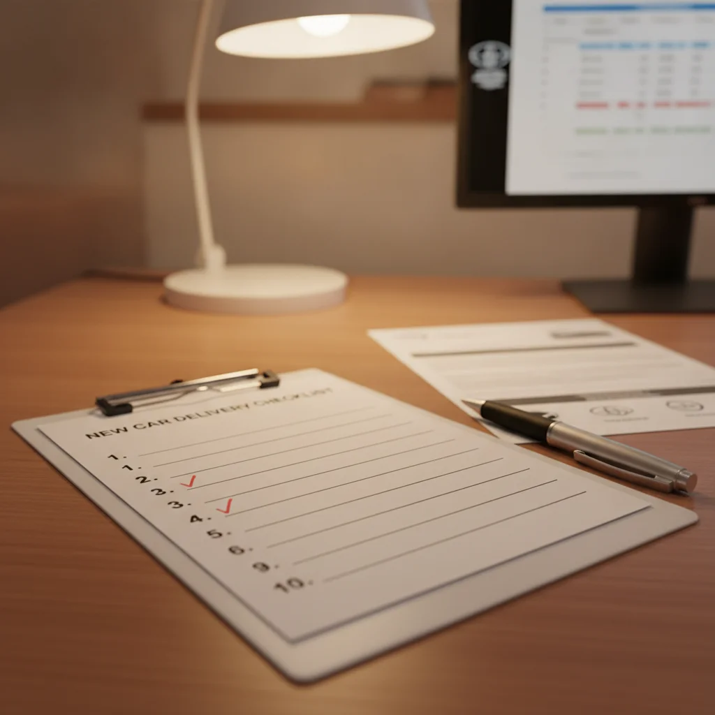 A numbered negotiation checklist on a clipboard at a car dealership desk