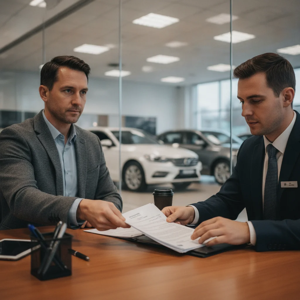 A car buyer firmly sliding papers back across a dealership desk during a tense negotiation