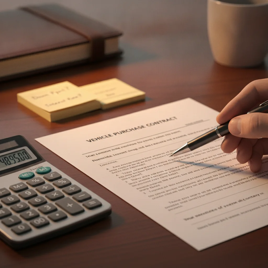 A car buyer reviewing final purchase contract documents closely before signing at a dealership