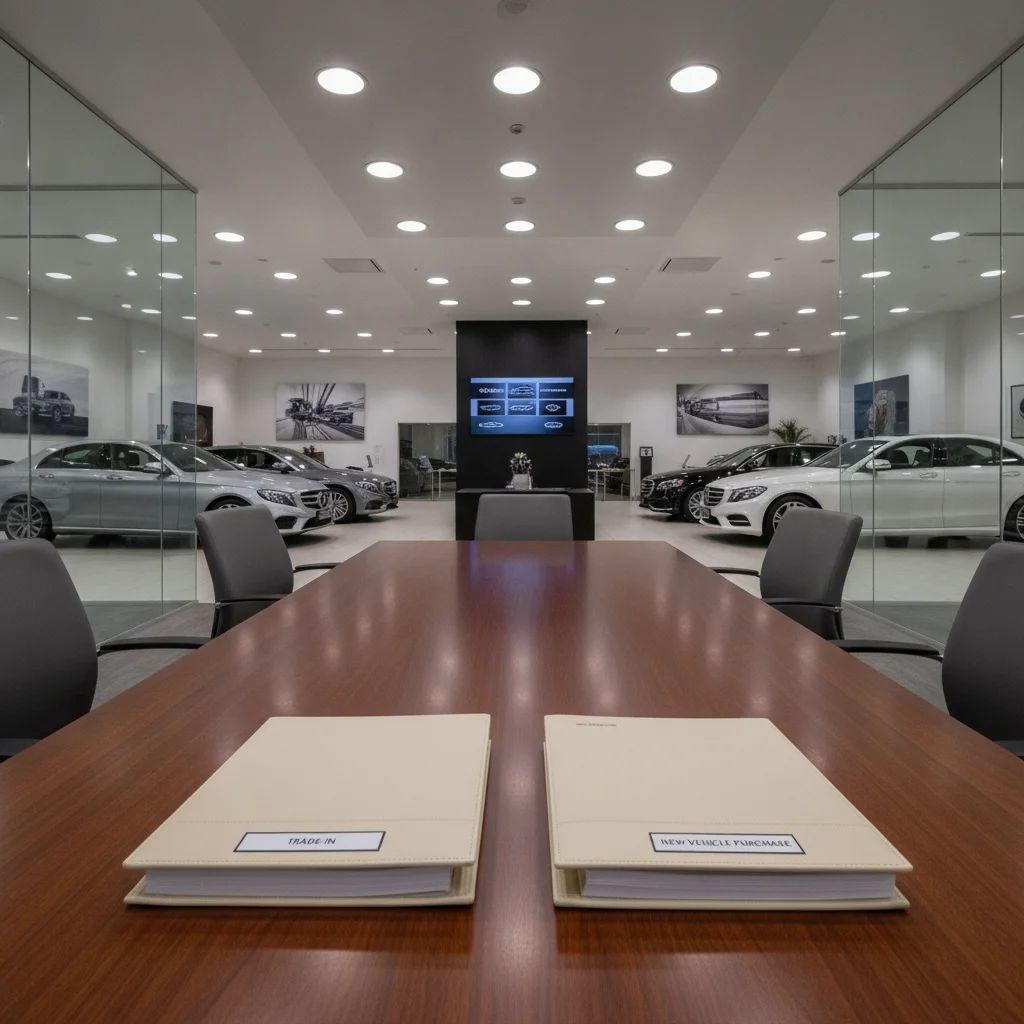 Two separate deal folders on a dealership negotiation table representing independent trade-in and purchase transactions