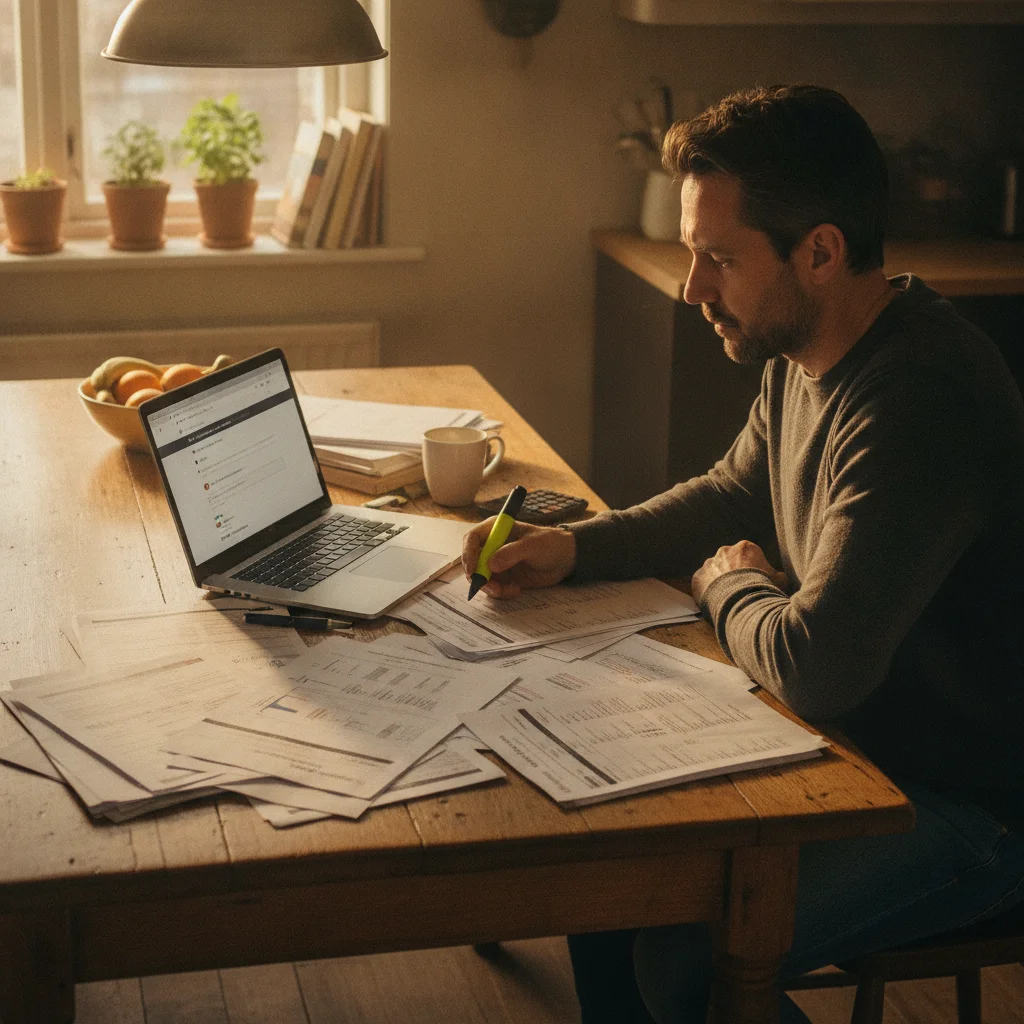 Person reviewing multiple printed trade-in appraisal offers at home before visiting a dealership