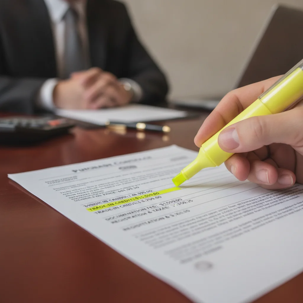 Close-up of highlighted dealership purchase contract showing trade-in credit and vehicle price as separate line items