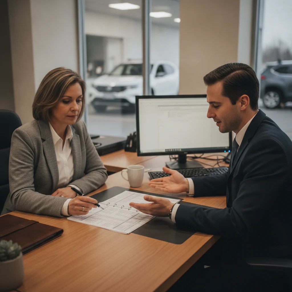 Car buyer carefully reviewing itemized deal worksheet with finance manager in dealership office before signing