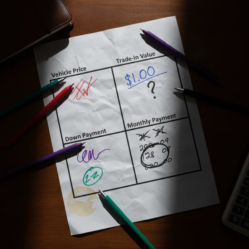 A four-square dealership worksheet divided into four negotiation boxes on a desk, viewed from above.