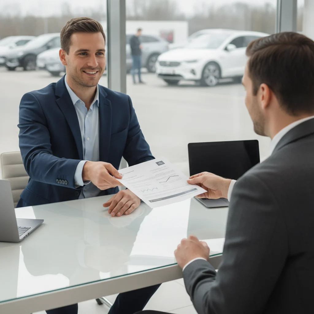 A car buyer handing a printed outside appraisal document to a dealership salesperson across a desk.