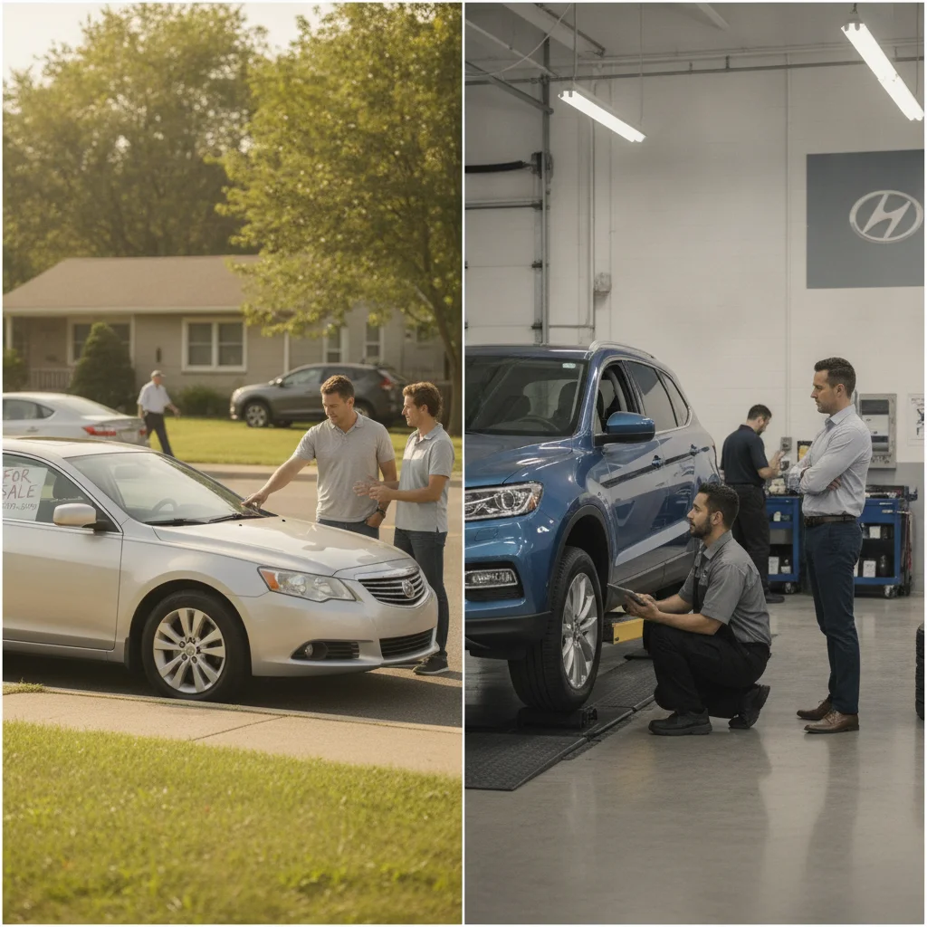 Side-by-side comparison of a private car sale with a for-sale sign versus a dealer trade-in appraisal in a service bay.