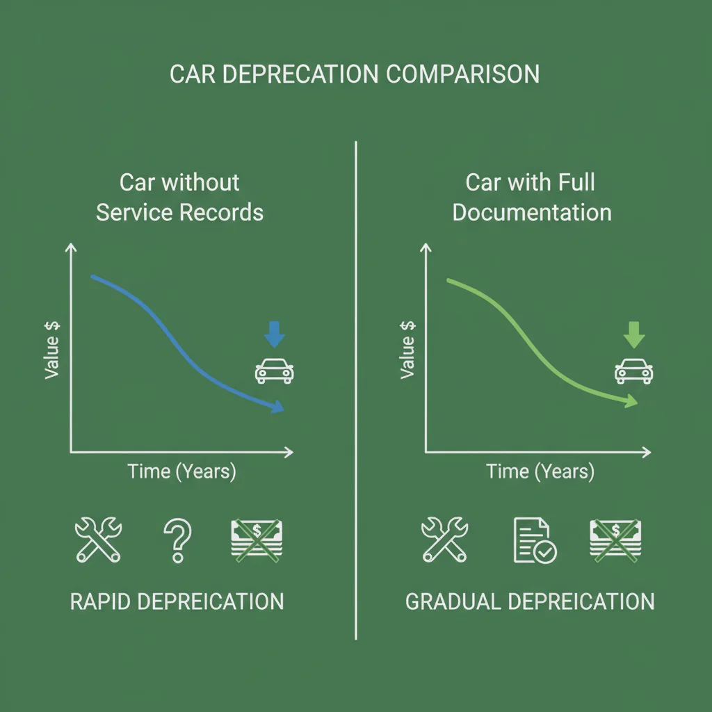 Depreciation curve comparison chart showing how documented maintenance history buffers value loss over time