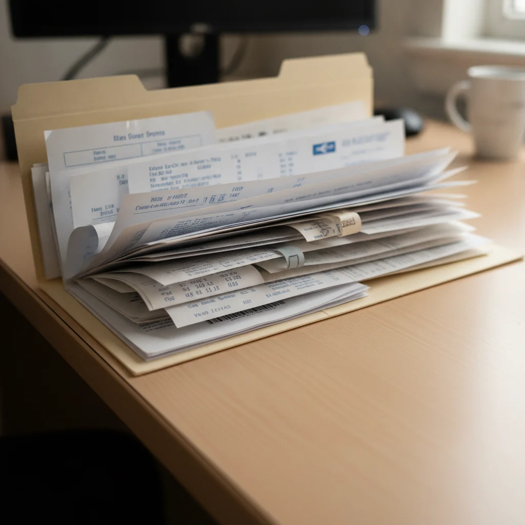 Open folder containing organized chronological car service receipts and oil change records on a wooden desk