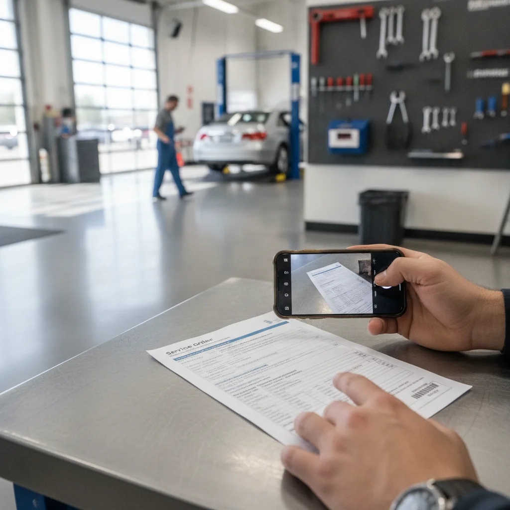 Person using a smartphone to photograph a car repair order in an auto dealership service bay for record keeping