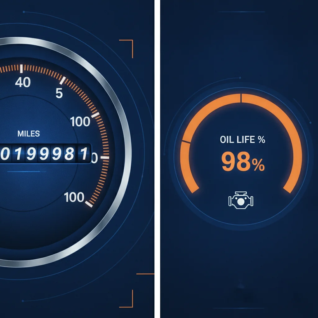 Split illustration comparing an odometer mileage tracker with a digital oil life percentage monitor