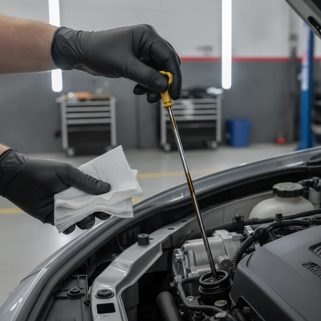 Mechanic checking engine oil on a dipstick to verify oil condition between service intervals
