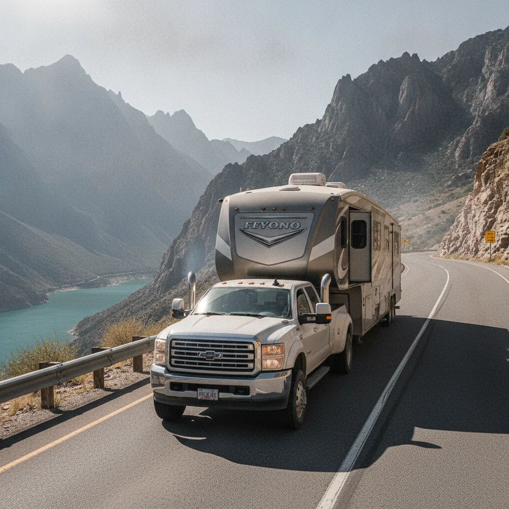 Pickup truck towing a heavy trailer uphill on a mountain road in hot sunny conditions