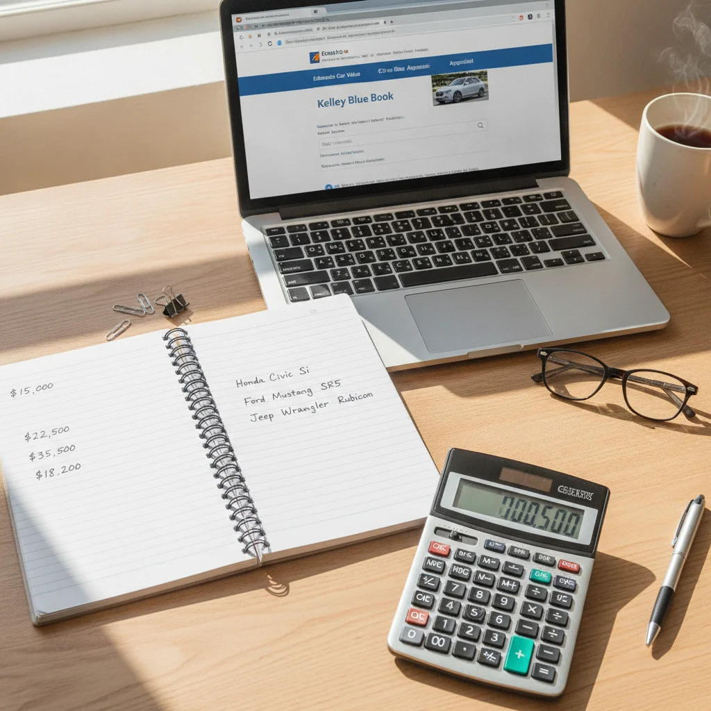 Notepad with car valuation figures beside a laptop displaying multiple valuation tool tabs