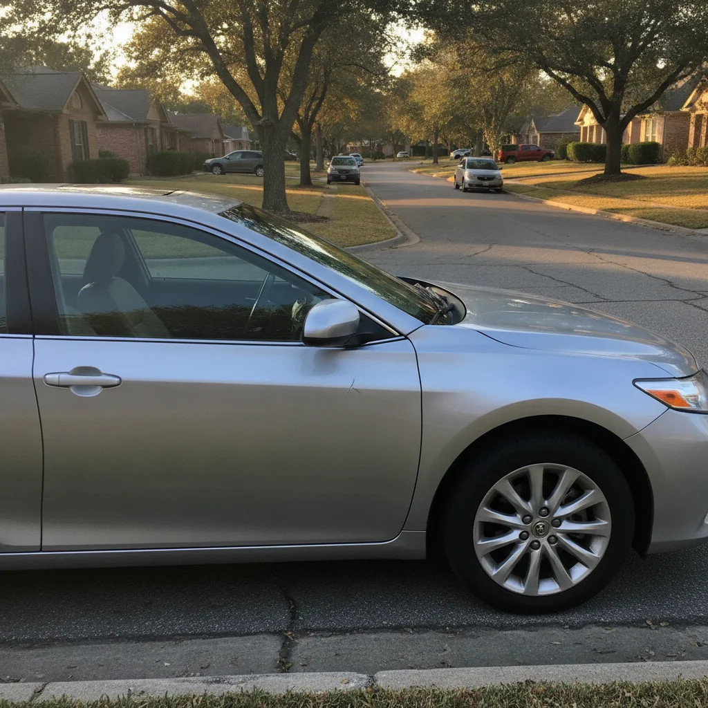 Used sedan parked on a street showing realistic minor cosmetic wear on the body panel