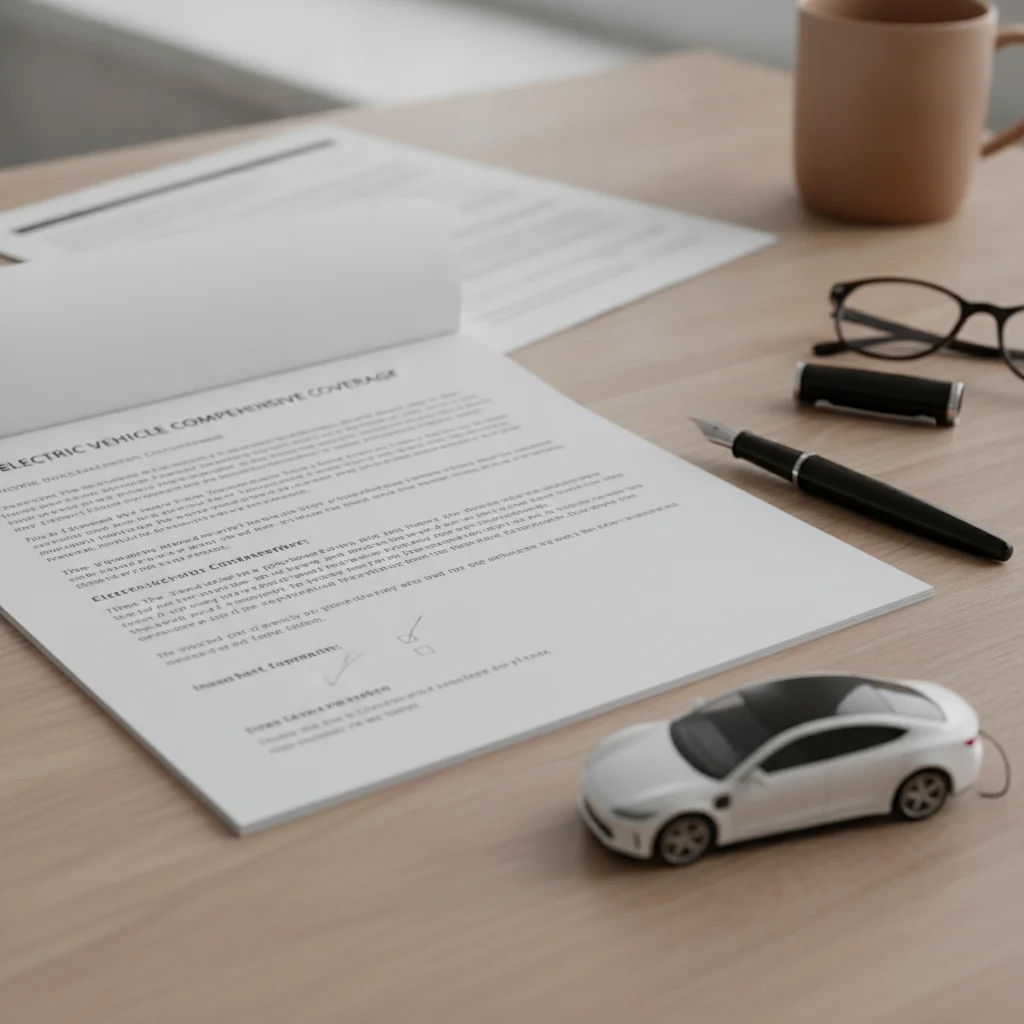 Open auto insurance policy document next to a small electric vehicle model on a desk