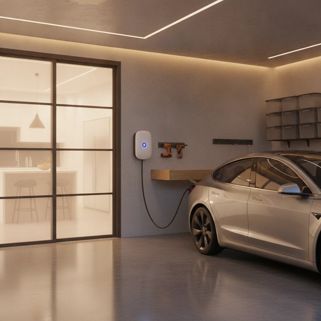 Level 2 EV charging station mounted in a residential garage with a car plugged in
