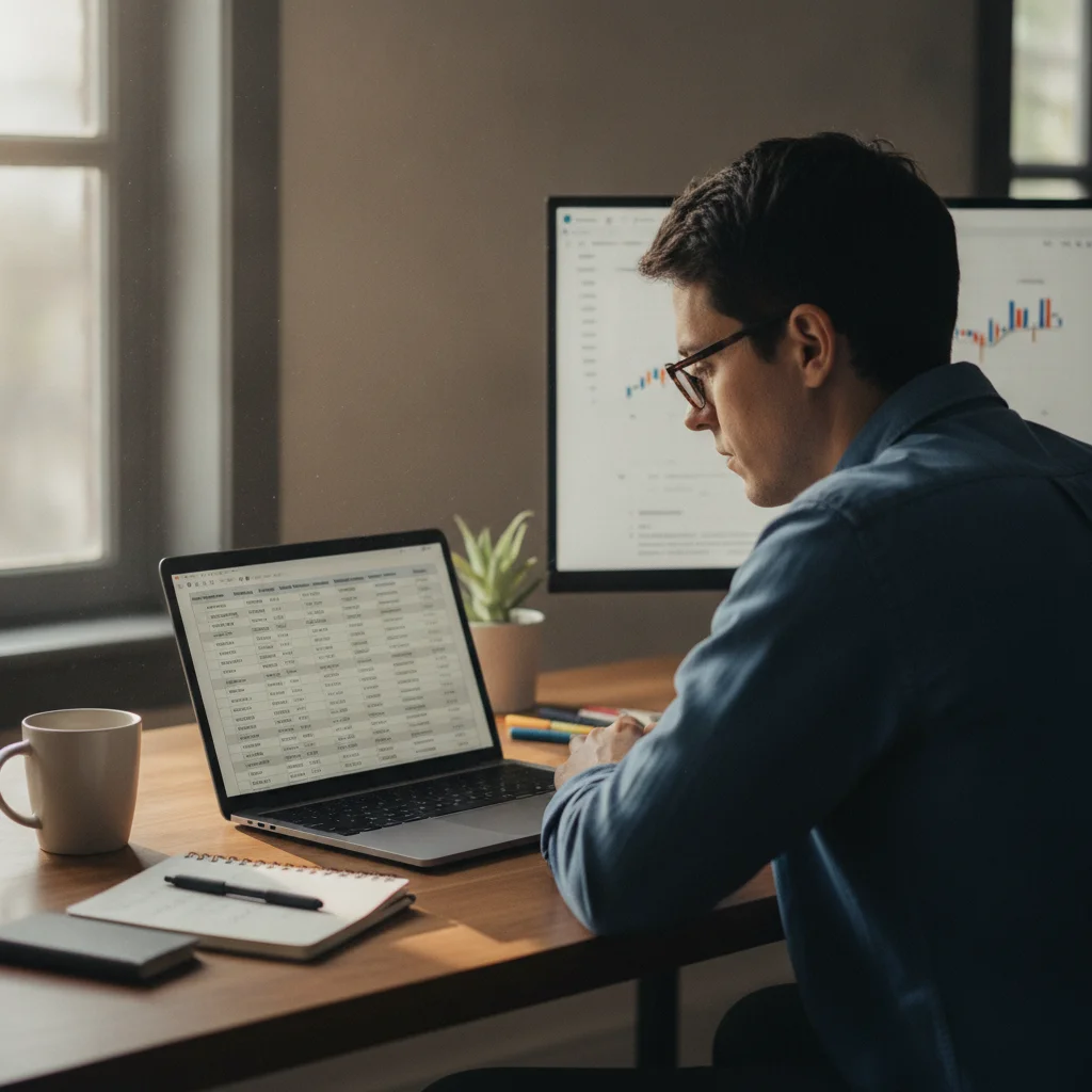 Person analyzing an insurance comparison spreadsheet on a laptop at a home desk