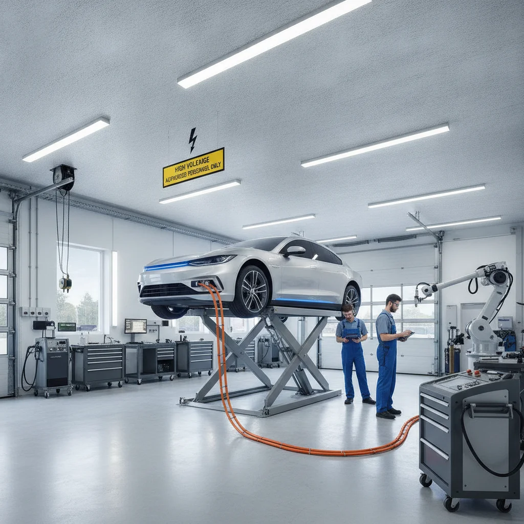 Electric vehicle elevated on a lift in a certified EV repair facility with safety signage visible