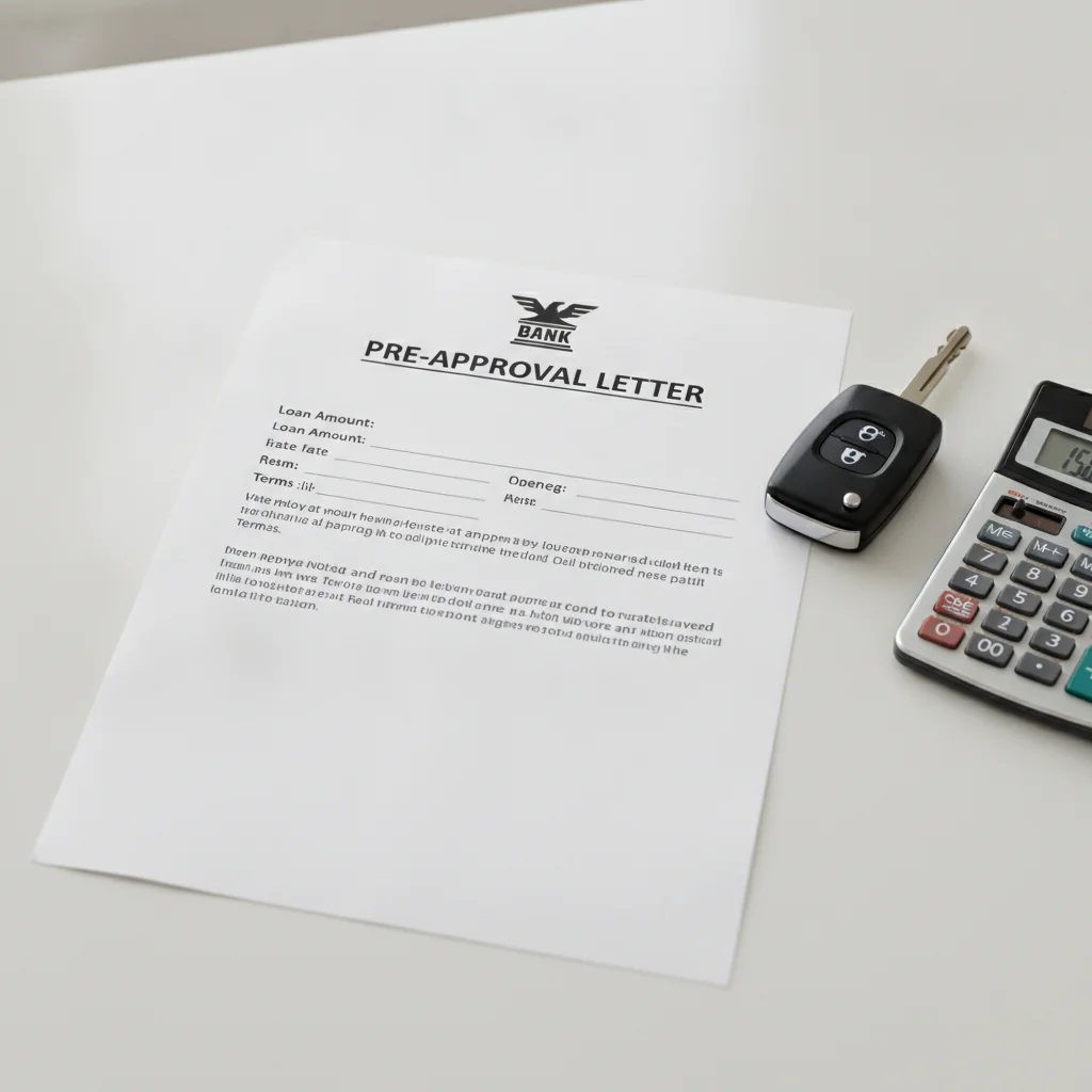 Printed auto loan preapproval letter placed on a desk next to a car key and calculator.