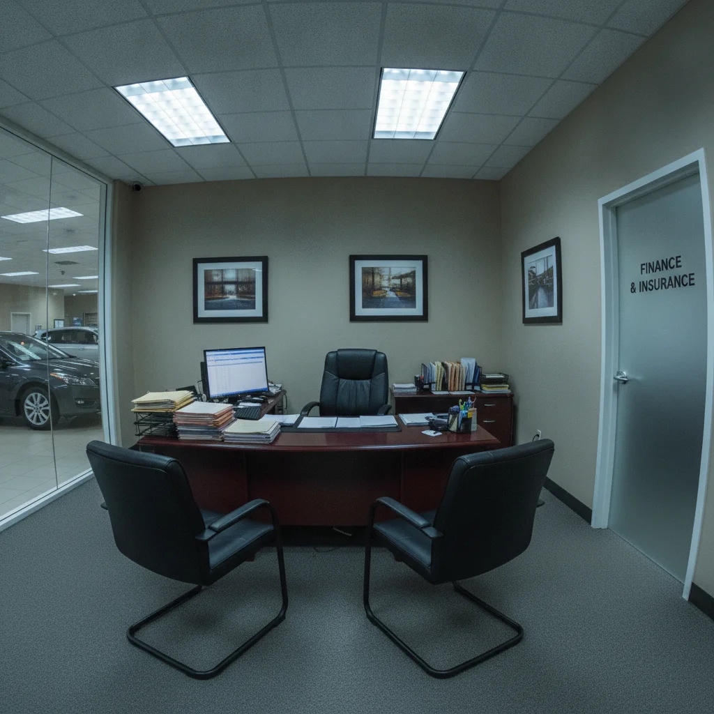 A Finance and Insurance office at a car dealership with a desk covered in paperwork and a monitor.