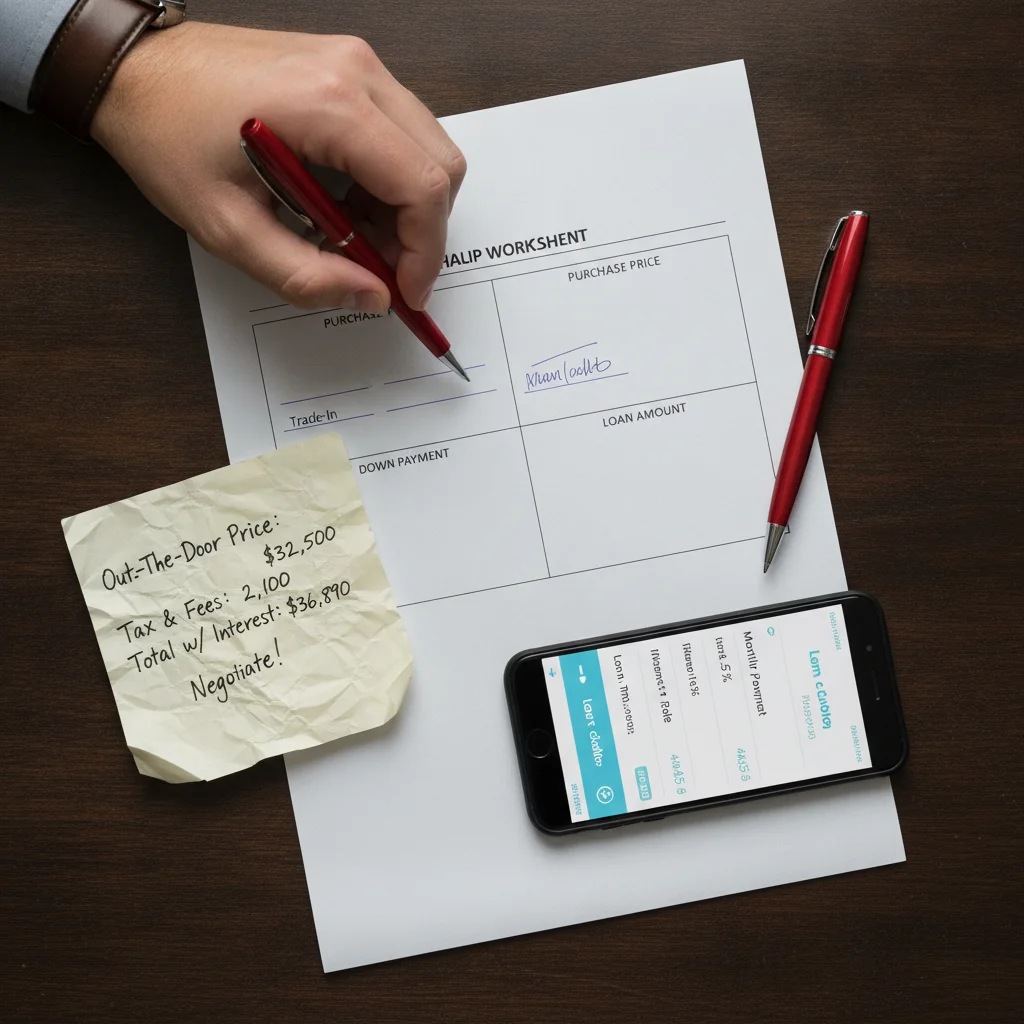 A dealership four-square worksheet next to a loan calculator on a smartphone and handwritten price notes.