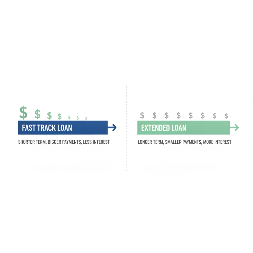 Side-by-side illustration of a short loan timeline versus a long loan timeline showing interest cost difference