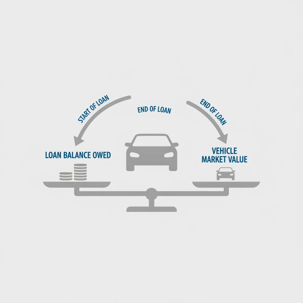 Balance scale comparing car loan balance owed versus current vehicle market value illustrating equity